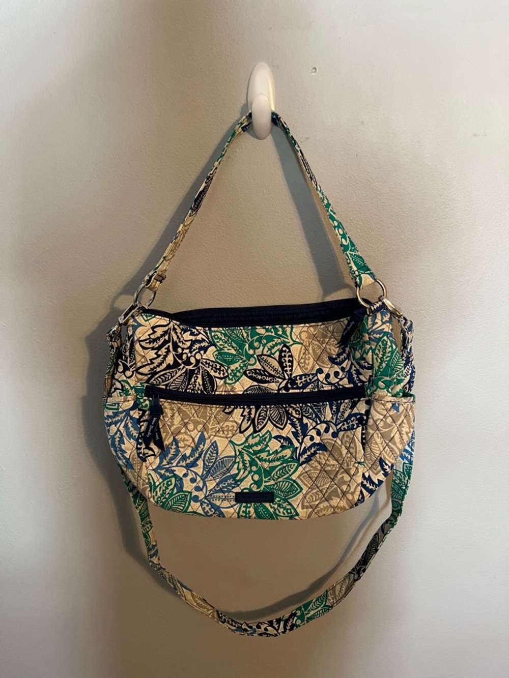 Quilted Floral Tote Bag in Green and Navy